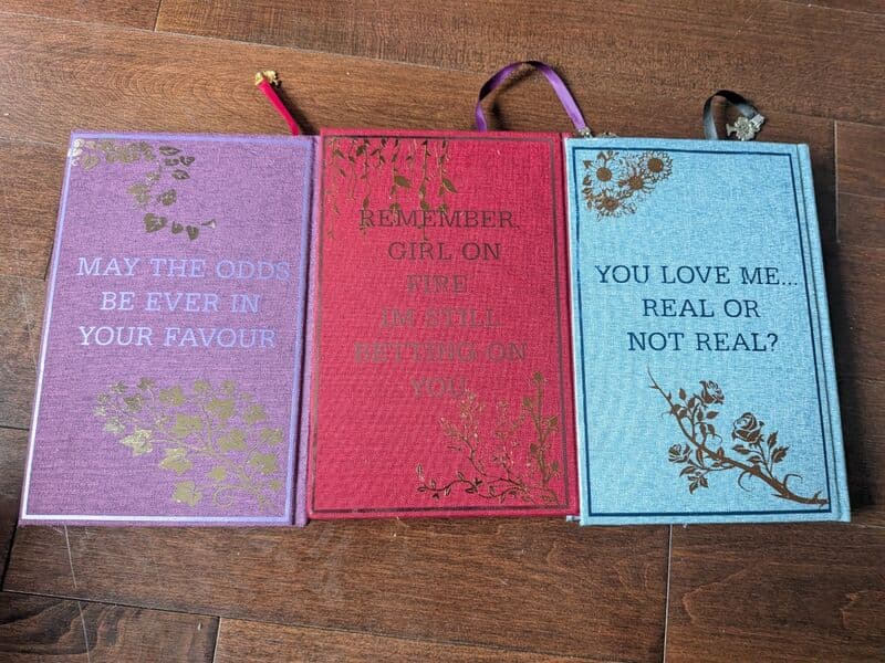 Hunger Games trilogy back covers with gold quotes